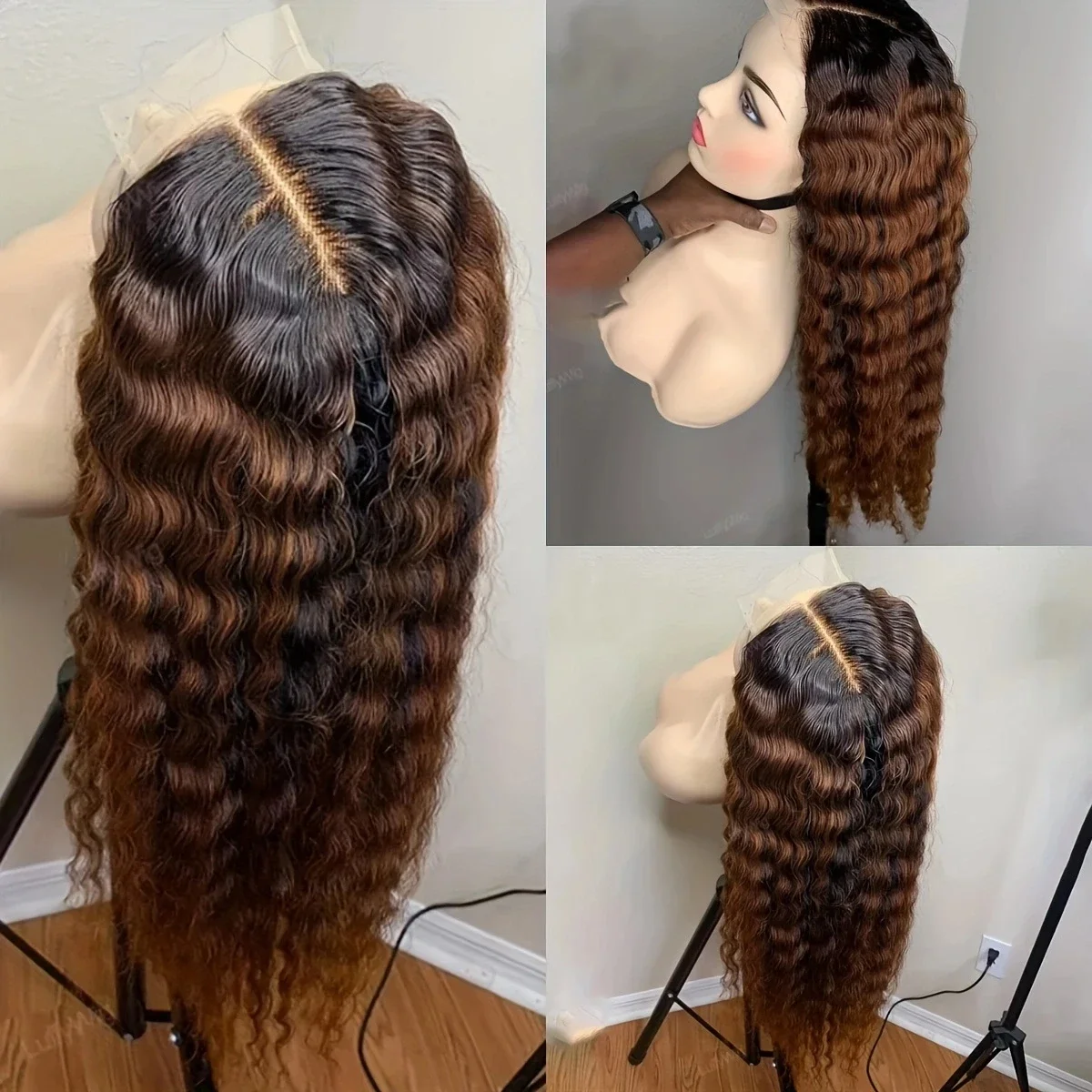 

26 дюймов 180% Плотность Ombre коричневые 13*4*1 Парики фронта шнурка для женщин с волосами ребенка Предварительно выщипанные бесклеевые синтетические волокна Ежедневные парики