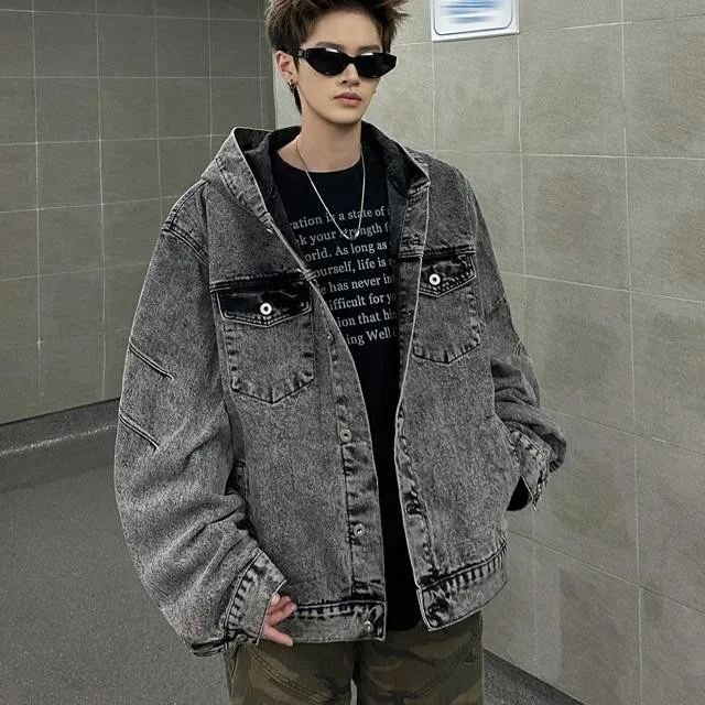 

Американская винтажная джинсовая куртка унисекс с капюшоном, свободного кроя, в стиле рабочей одежды, для мужчин и женщин, в уличном стиле