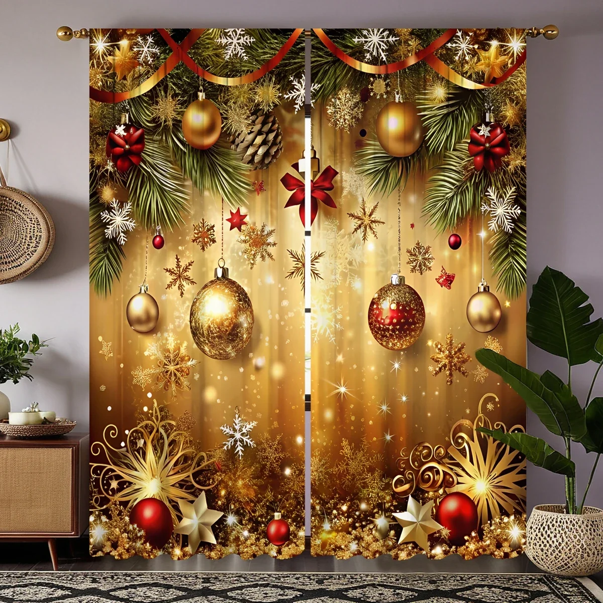 2 piece HD digital curtains printed yellow tie Christmas drop ball latte home decoration style Decorate living room bedroom wear