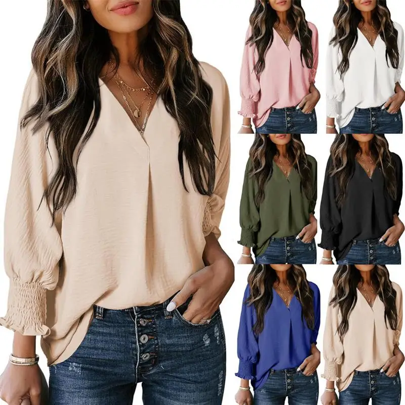 

Повседневная женская блузка с длинным рукавом и V-образным вырезом, свободного кроя, удобная, модная, элегантная, белая, лето 2025