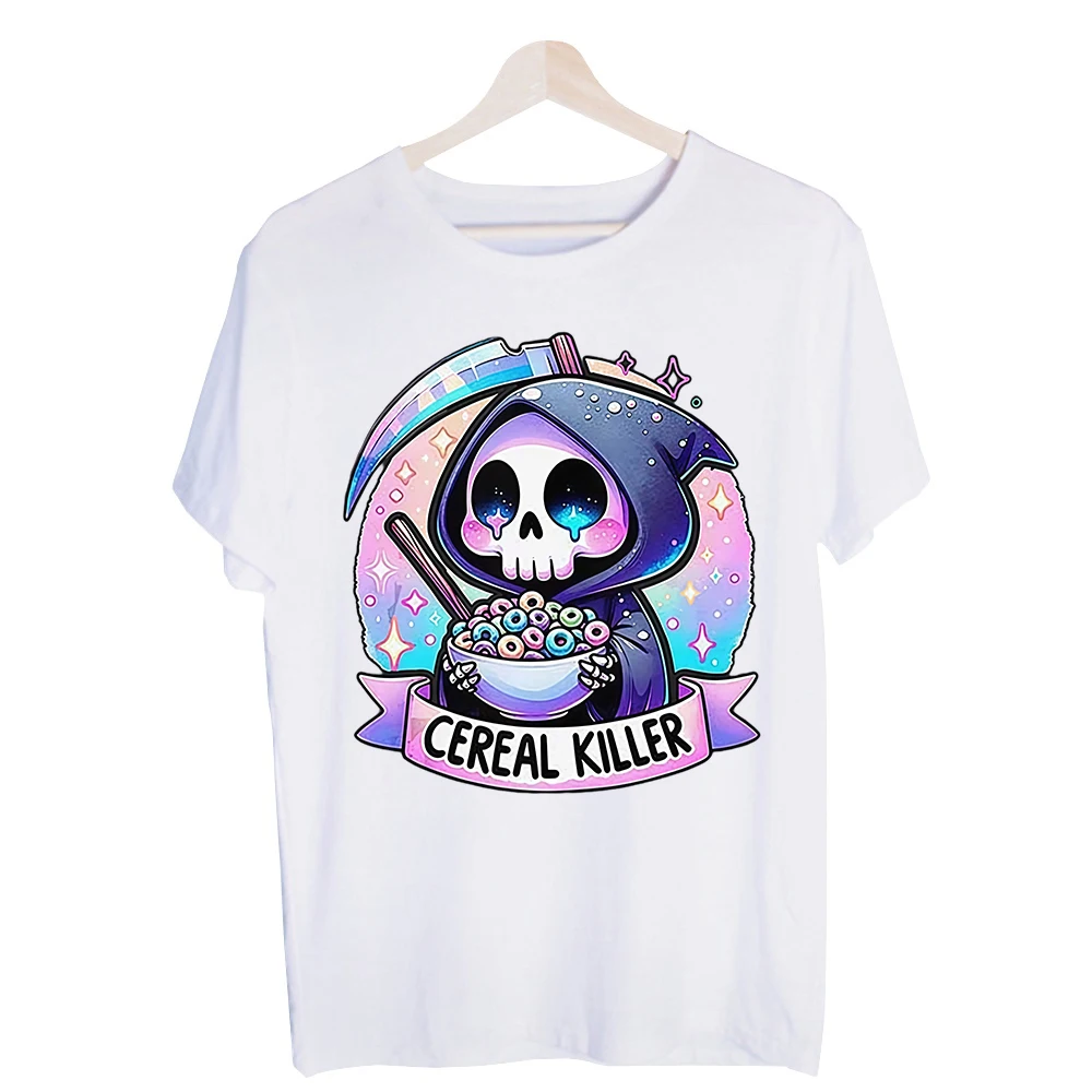 Men's Skull and Cereal Graphic Tee, Short Sleeve Crew Neck T-Shirt for Casual Daily Wear and Street Style