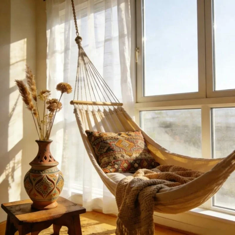 A Portable Swing Hammock Made Of Hand- Rope. Thickened And Widened Double Canvas Hammock With Anti-Slip Design