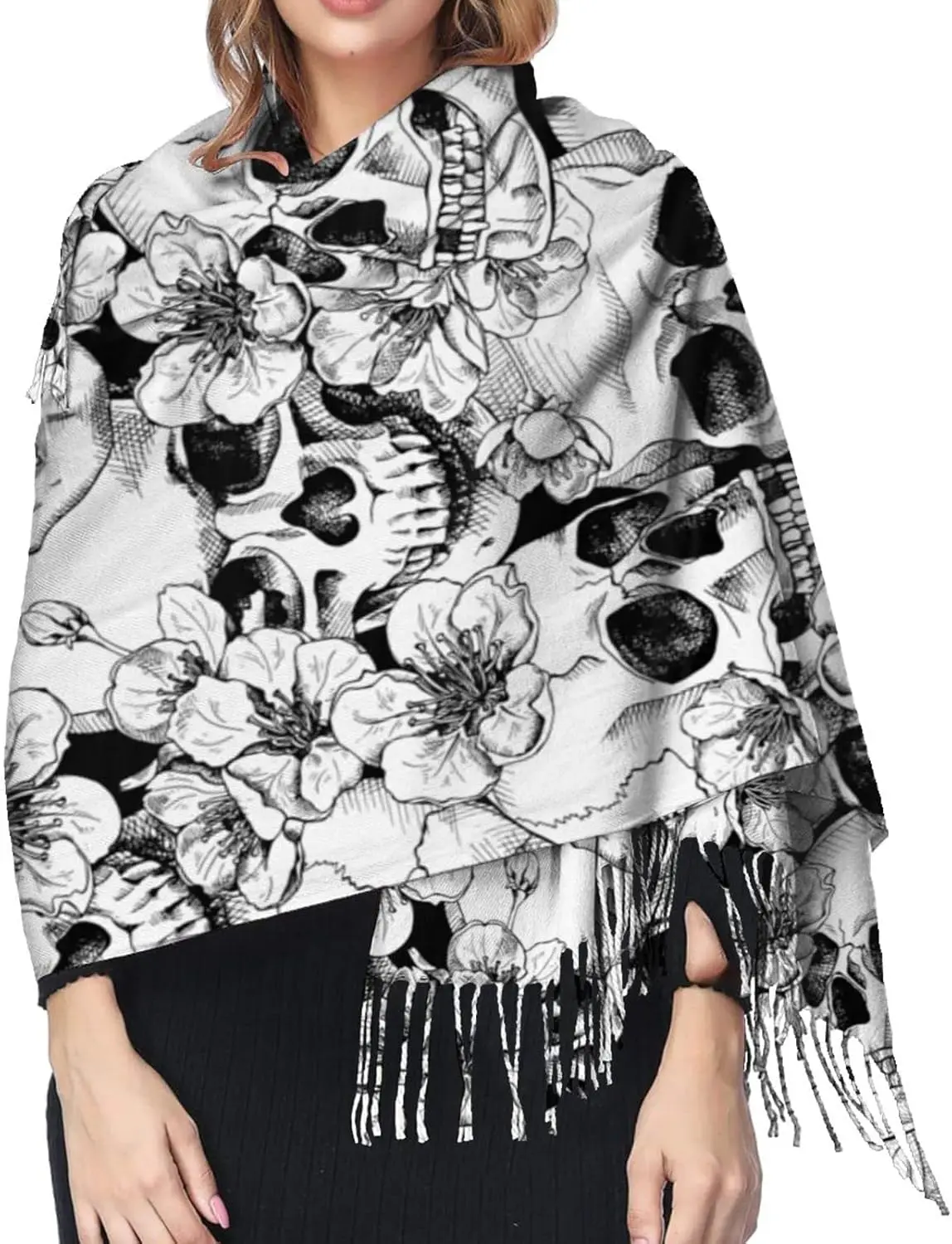 Black and White Skull and Flower Soft Blanket Scarf Long Warm Shawl Wraps Cashmere Fringe Scarfs for Women Men