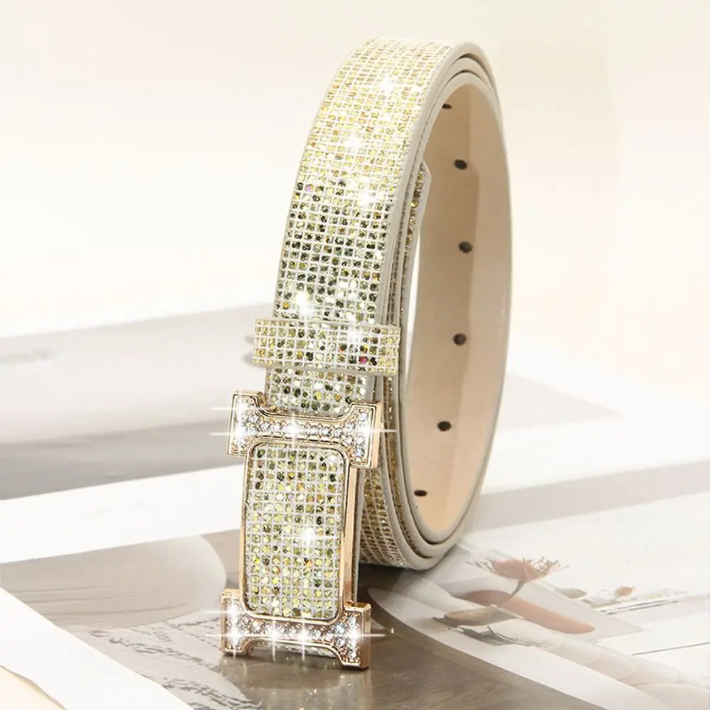 Fashion Bling Bling Sparkling Rhinestone Belt Versatile Glitter PU Leather Belt Luxury Brand Design Slide Buckle Belt Women