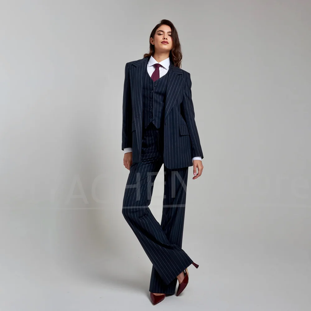 Fashion Women Striped Suit 3 Piece Set Notched Lapel Blazer Vest Pants Formal Business Office Wedding Suits For Ladies 2027