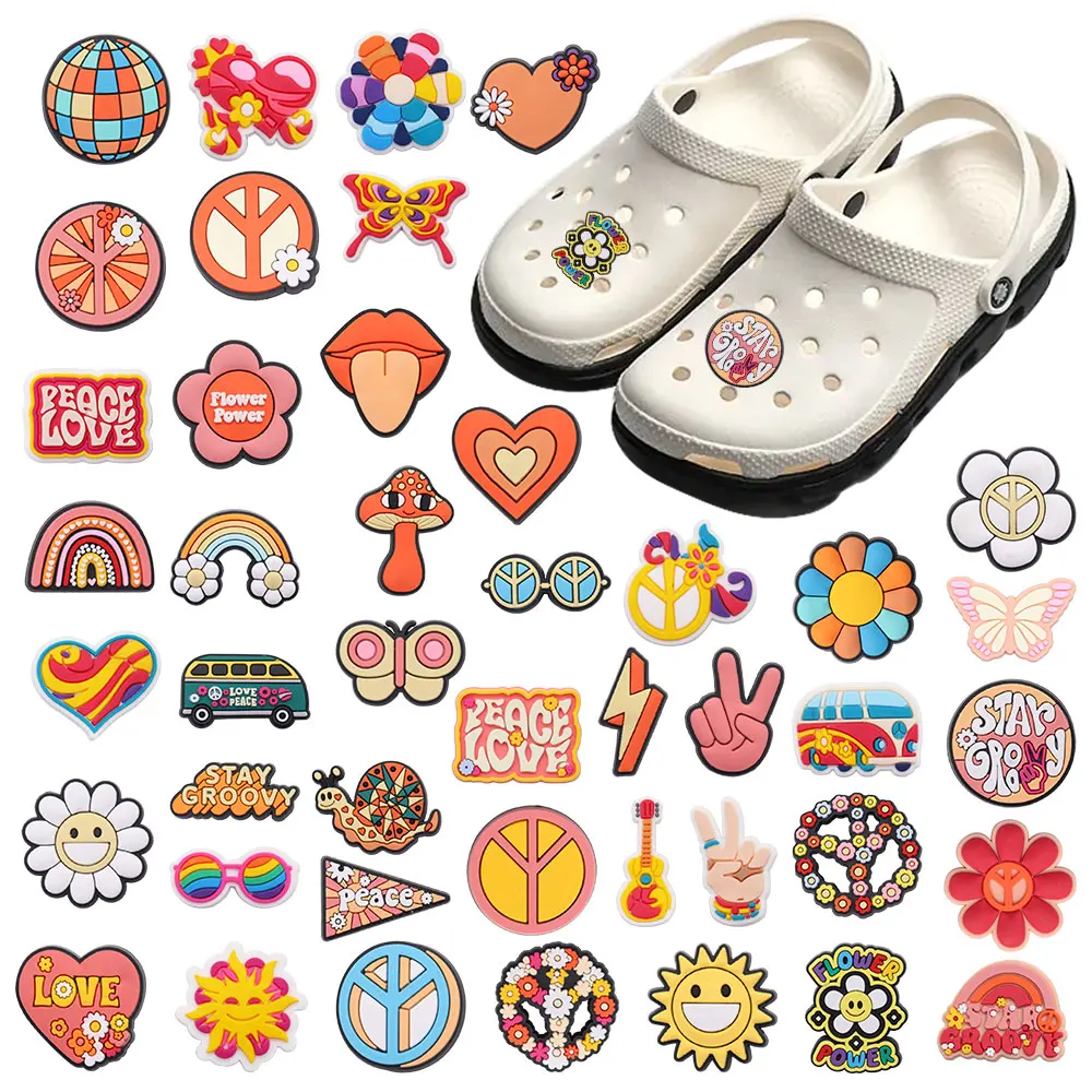 44 Stück/Set, niedliche Schmuckelemente in Form von Sonnenblumen und Regenbogen, aus PVC, passend für Armbänder, zum Selbergestalten, als Dekoration für Schuhe mit Ösen, Damen-Schuh-Ornamente.