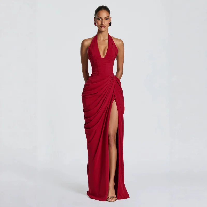 Sexy Solid Pleated Halter Women's Dress Fashion Sleeveless Backless Waist-cinching Split Maxi Dresses 2026 Summer Party Gowns