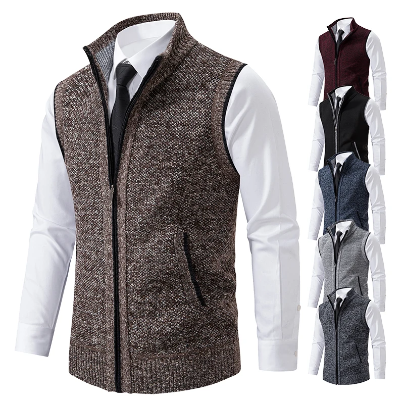 Vest Men\'s Knitted Sleeveless Sweater Wool Velvet Zipper Cardigan Turn-down Pullovers Turtleneck Sweatercoat Knit Waistcoat