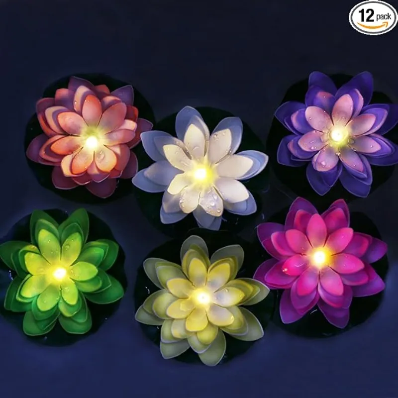 Floating Flowers Water Lily LED Candles,12PCS Floating Lotus Tea Lights- for Pool,Bath,-Water Activated Lotus Flower Pool Lights