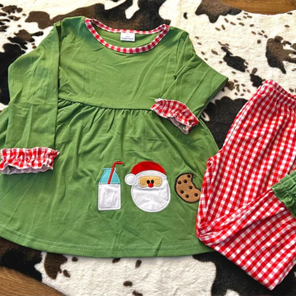 

Baby Girls Christmas Santa Cookie Themed Clothes Set Embroidered Tunic And Plaid Pants Outfit Milk Biscuit Design Holiday Appare