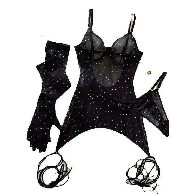 

SINGREINY Polka Dot Print Underwear 3pcs Suits Fashion Strap Backless Club Shiny Sexy Suits Erotic Mesh Sheer Lingerie Sets