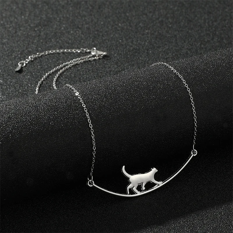 Minimalist Walking Cat Curved Bar Pendant Necklace, Stainless Steel Silver Color Cat Silhouette Necklace Gift for Women