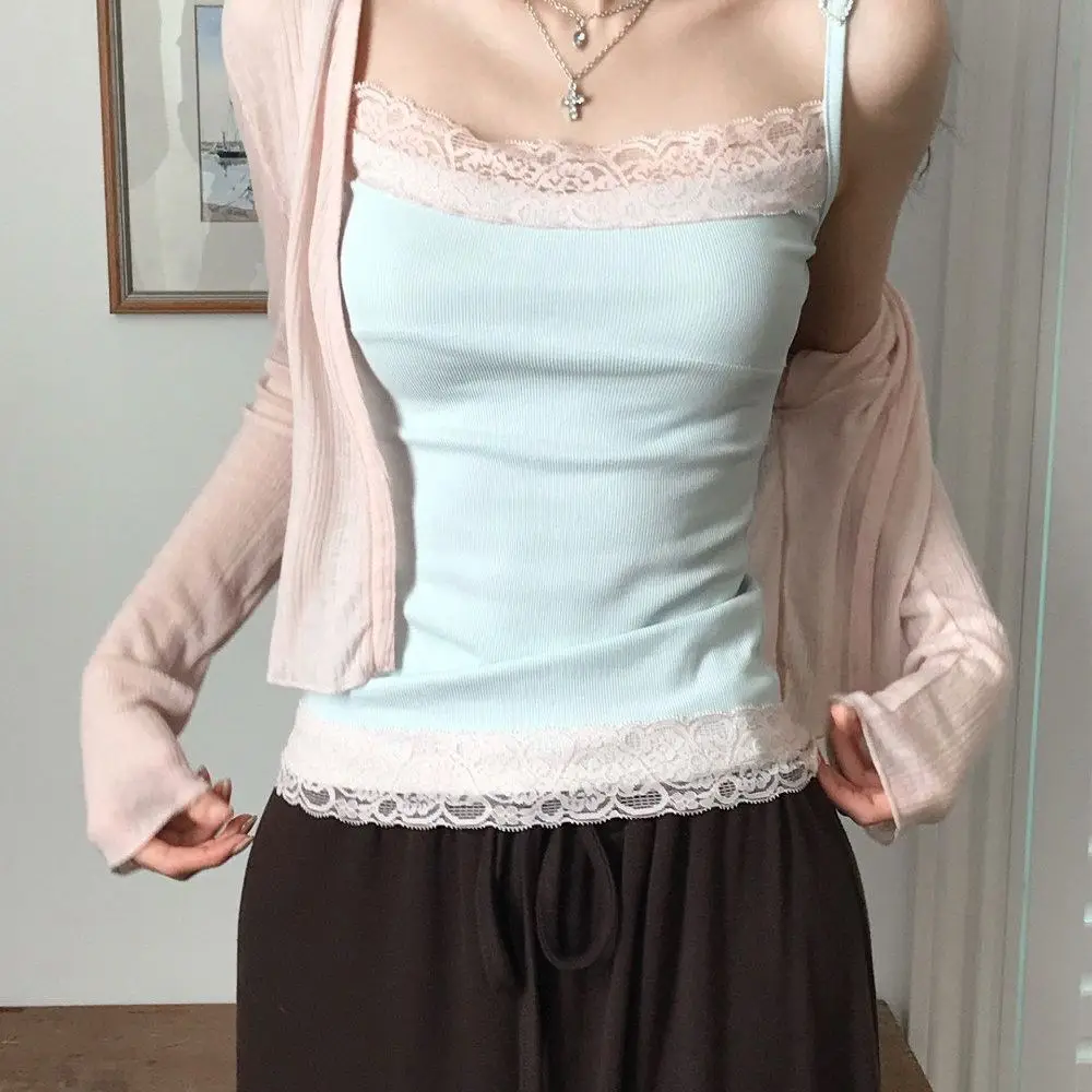 Korean Style Spicy Girl Pure Summer Tank Top New Lace Sweet  Trim Color-blocking Heart Camisole Design Women's Chic Crop Top Ins