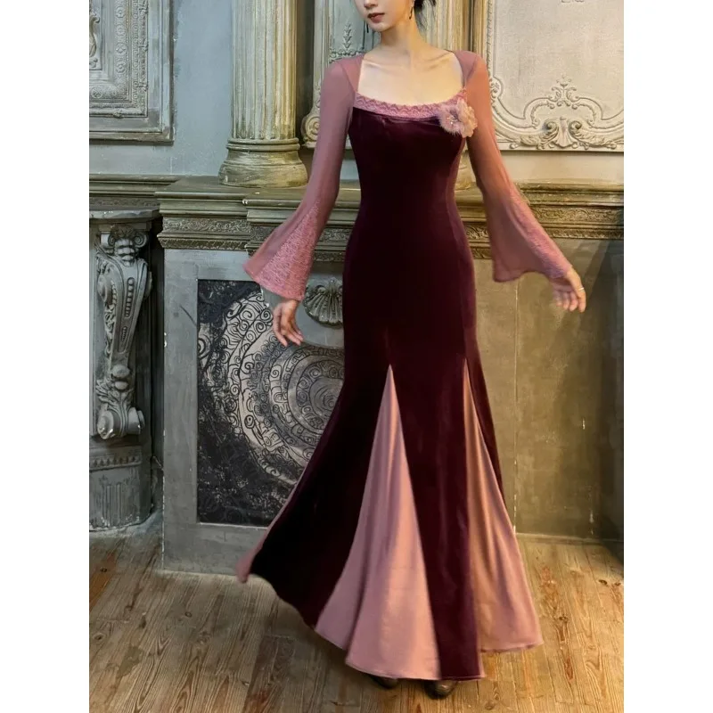 

French Design Sense Niche High Sense Temperament Socialite Autumn and Winter Lace Splicing Velvet Temperament Dress Fairy Skirt