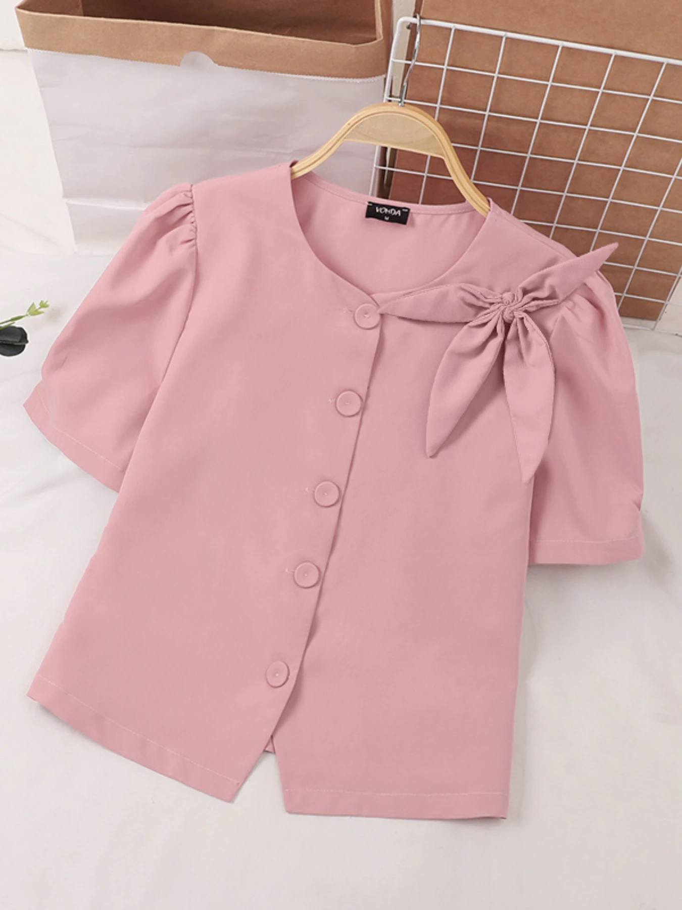 

2025 VONDA Elegant Fashion Women Summer Shirts Short Sleeve Bow Blouses Casual Solid Color Buttons Tunic Tops Blusas Femininas