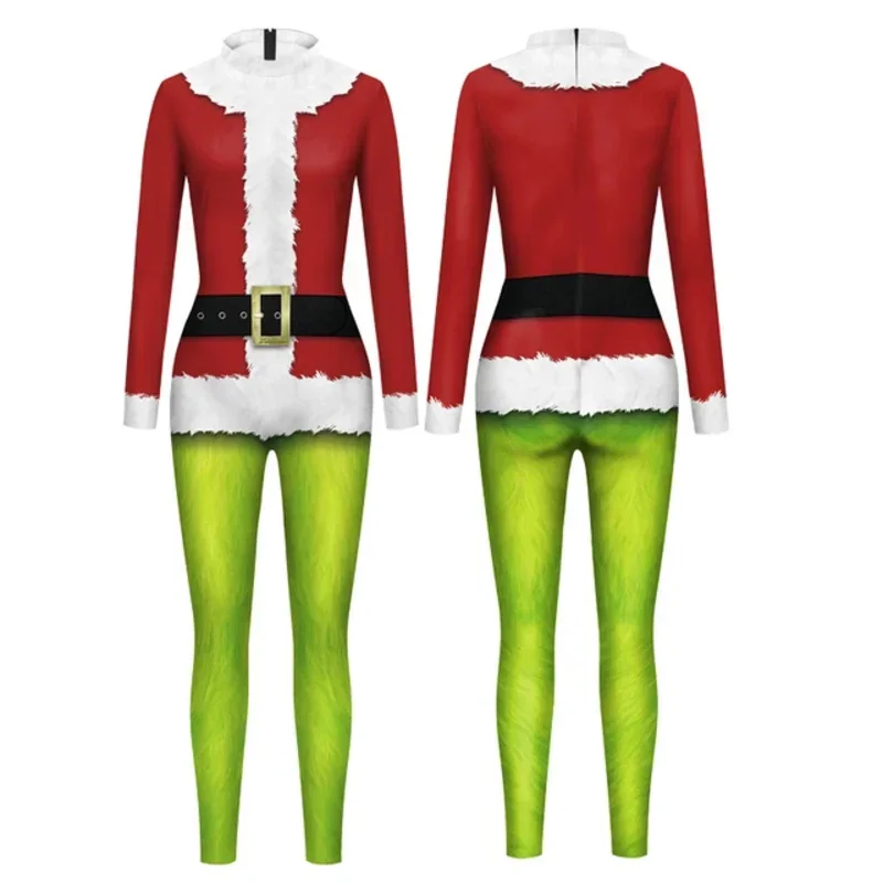تأثيري الأخضر الرجل نمط زي عيد الميلاد المرأة بذلة ثلاثية الأبعاد طباعة عيد الميلاد ملابس للحفلات Zentai دعوى عطلة مثير Catsuit