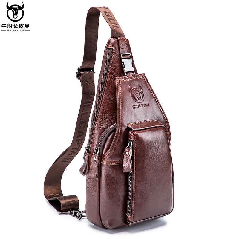 Real leather chest bag men one shoulder cross body leisure large capacity multi-function sports small back chest bag
