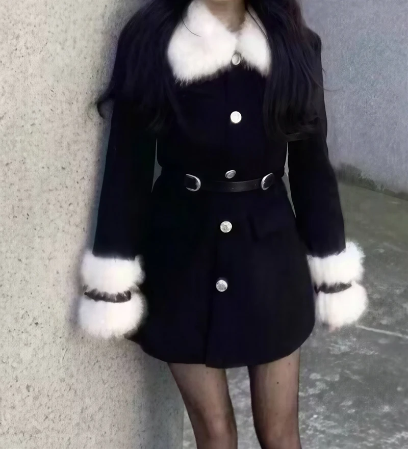 

Wool Blend Coats Womens Woolen Coat Handmade Autumn Flannel Herringbone Drawstring Button-Up Double-Layer Elastic Waist Overcoat