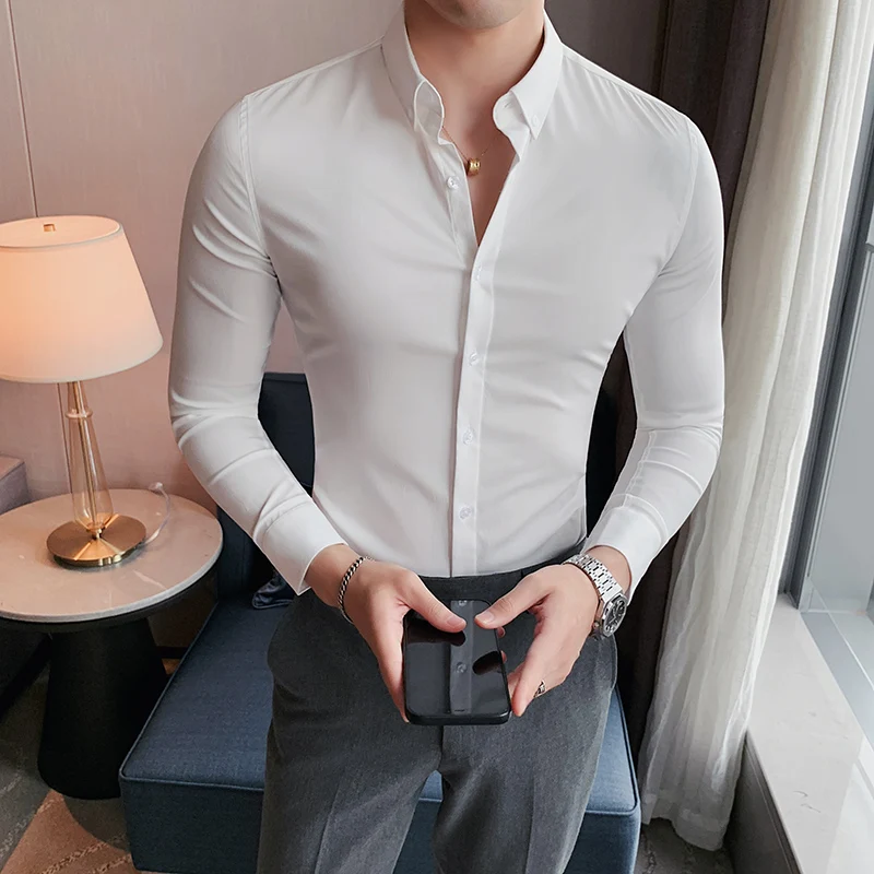 Longsleeve Shirts for Men 2022 Spring New High Quality Business Casual Stretch Slim Fit Solid Color Formal Shirts Mens Clothing