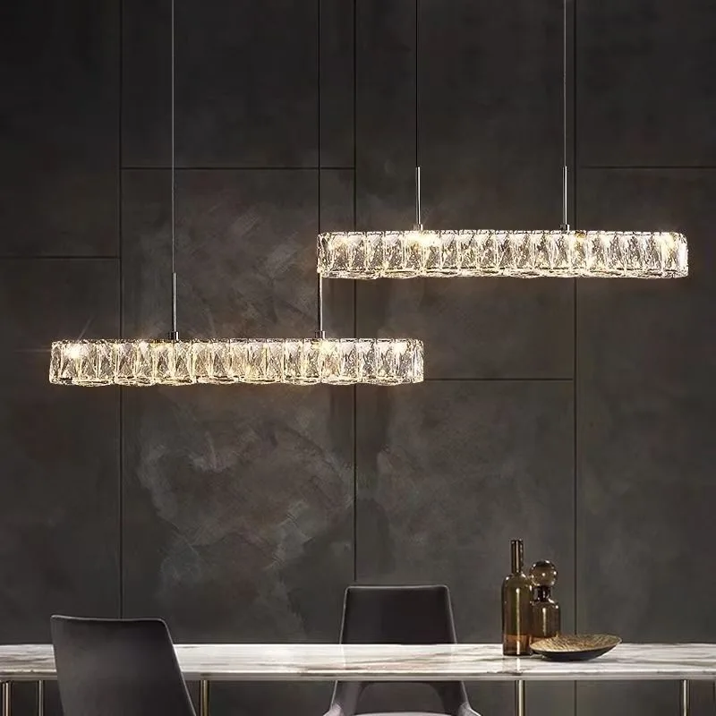Post-Modern Double-Layer Long Crystal Chandelier Fish Line Eye Protection LED-Stainless Steel Restaurant Chandelier