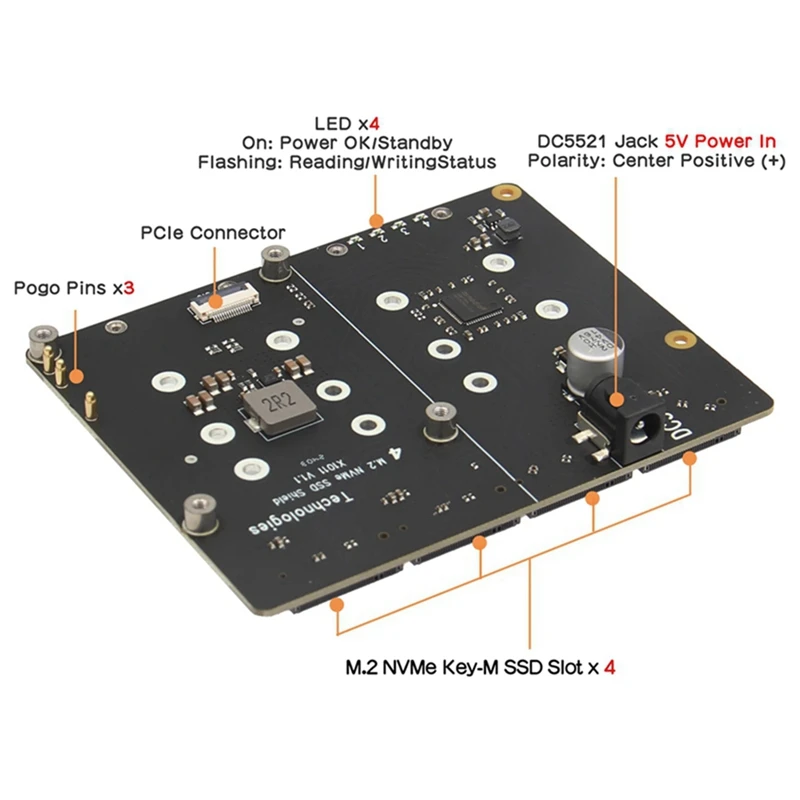 X1011 PCIE To M.2 NVME SSD Expansion Board For Raspberry Pi 5 Support 4Xssd For 2280/2260/2242/2230 M.2 NVME SSD