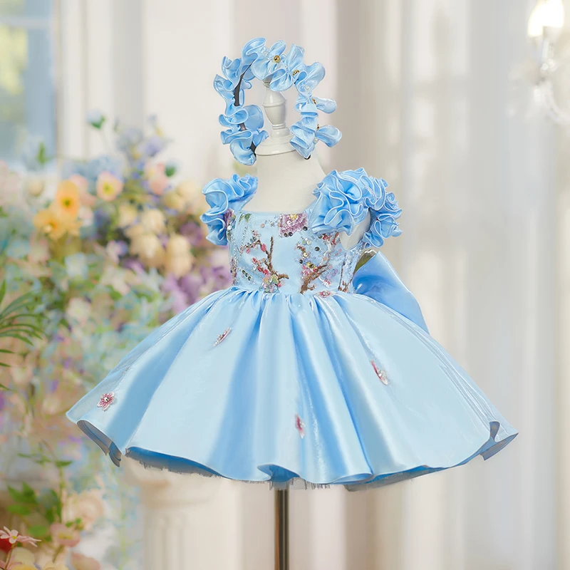 Blue Children's Dress 2026 New Flying Sleeve Fluffy Princess Dress Little Girl European and American Slim Show Fairy Dress