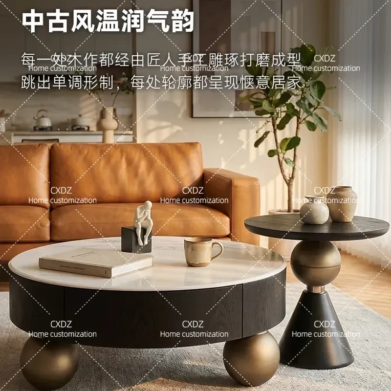 Modern Wabi Sabi Round Coffee Table Set Microcrystalline Stone Side Table for Living Room Small Apartment Home Furniture