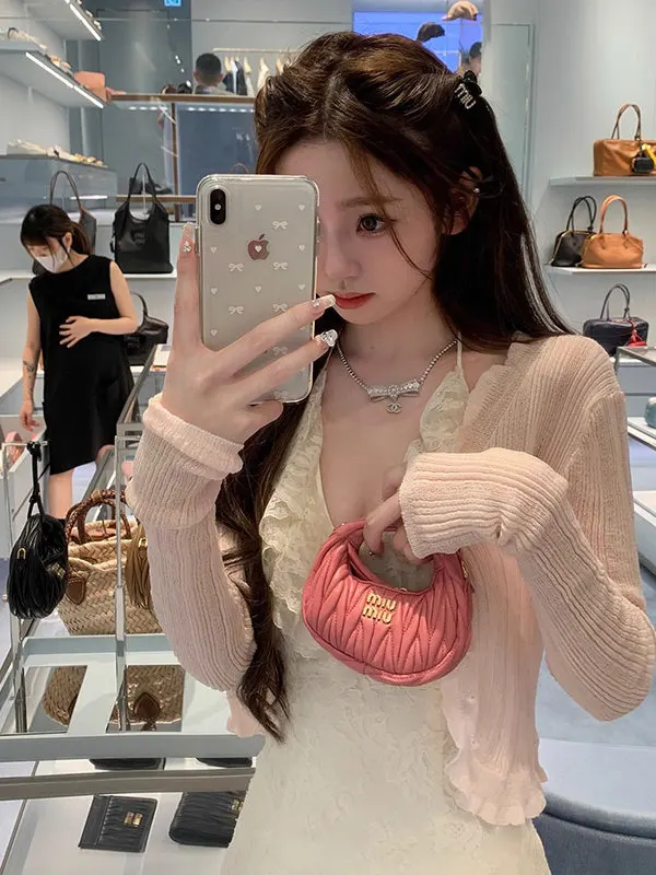 

Ultra-Thin Ice Silk Knitted Cardigan Women's Summer Air Conditioning Cover-Up with Strap Short Length Sun Protection Outerwear
