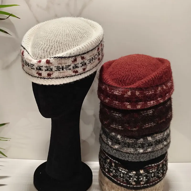 New Winter Stewardess Teardrop Hat Knit Pillbox Beret Airline Stewardess Flight Attendant Vintage Fair Isle Pattern Women Hat