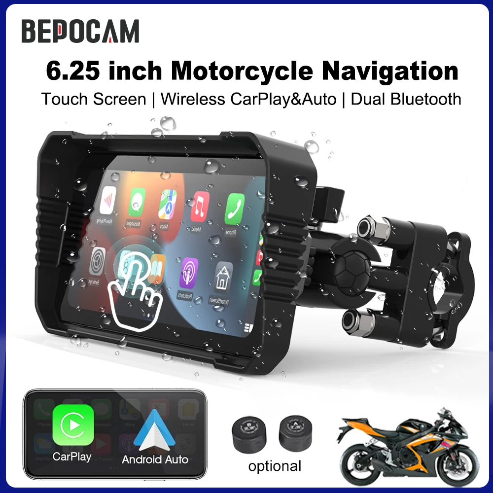 

BEPOCAM 6.25 Inch Motorcycle GPS Wireless Portable Carplay/Android Auto IPX7 Waterproof Dual Bluetooth Navigation for Motorbike