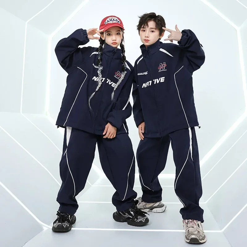 

Children Jazz Modern Dance Costumes for Boys Navy Blue Coat Baggy Pants Streetwear Outfits Kids Hip Hop Performance Clothes Sets