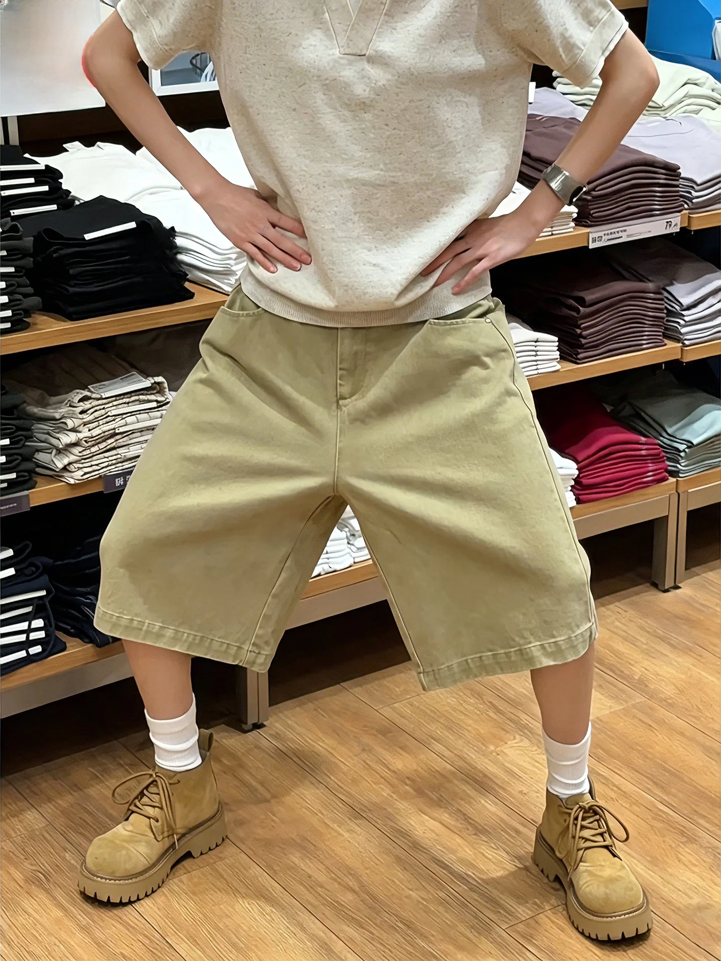 Calças Curtas de Trabalho em Khaki para Homens e Mulheres, Estilo Americano, Jeans de Algodão Puro, Comprimento Cinco, Seis e...
