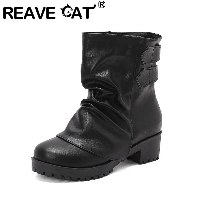 

REAVE CAT Женские ботильоны в стиле ретро с круглым носком и блочным каблуком, каблук 4,5 см, каблук 2,5 см, платформа без шнуровки с пряжками на ремне, большие размеры 44 45