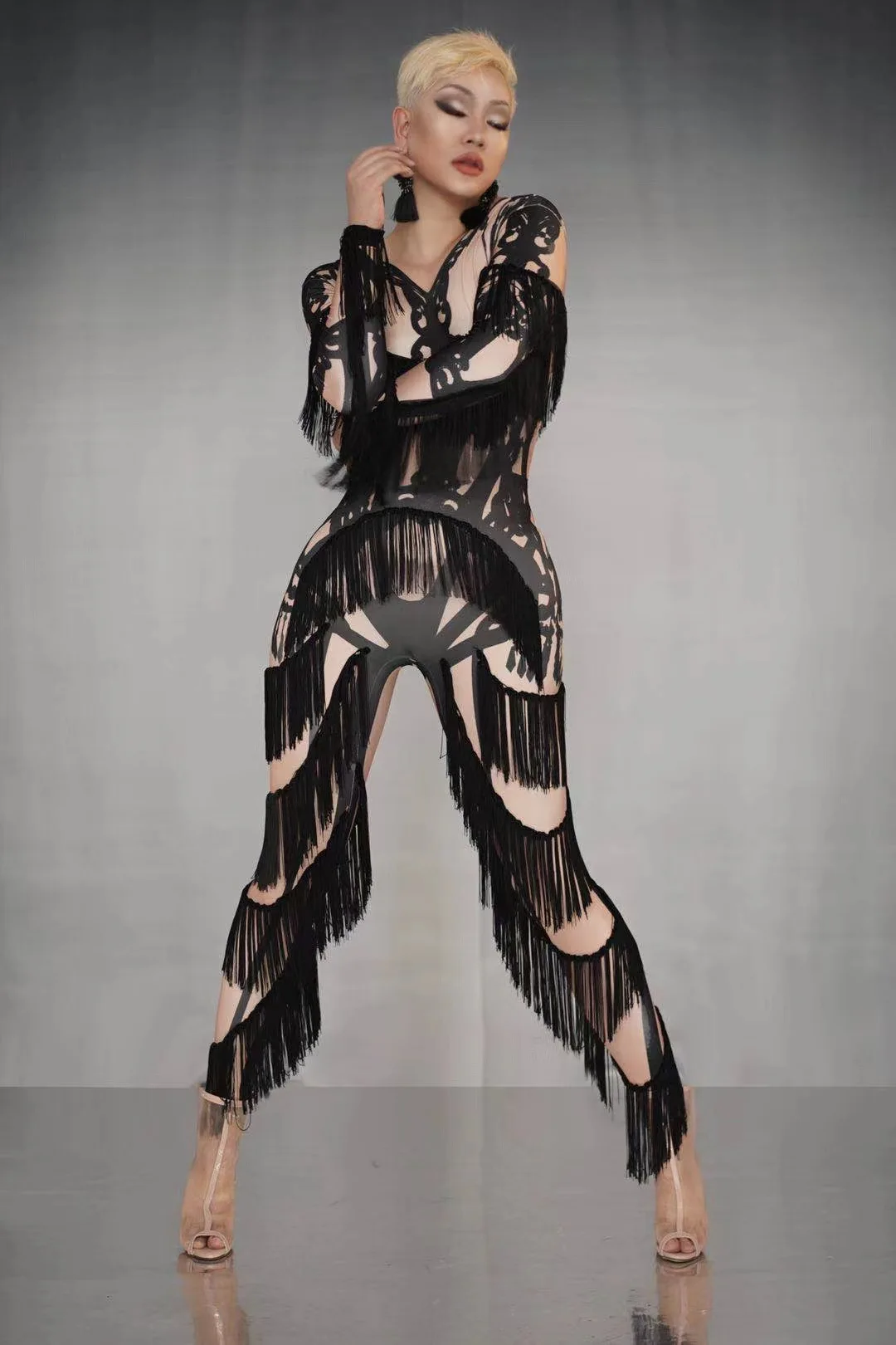 بدلة قفز أنيقة سوداء مهدب زي عيد الميلاد ملهى ليلي DS المغني مرحلة القطب راقصة أداء مهرجان الزي نادي الذهاب #2