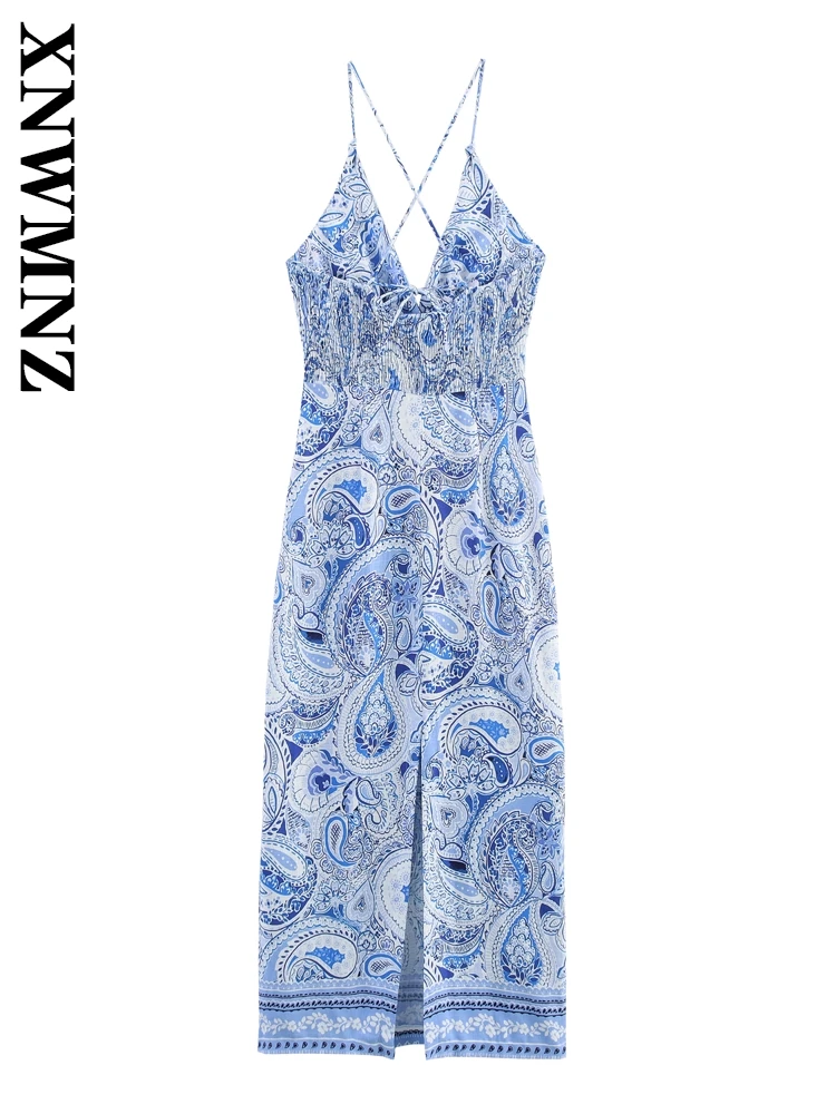 XNWMNZ Estate Donna Vacanza boho tracolla sottile Abito midi senza schienale Chic Moda femminile Spalla senza maniche Abiti sexy