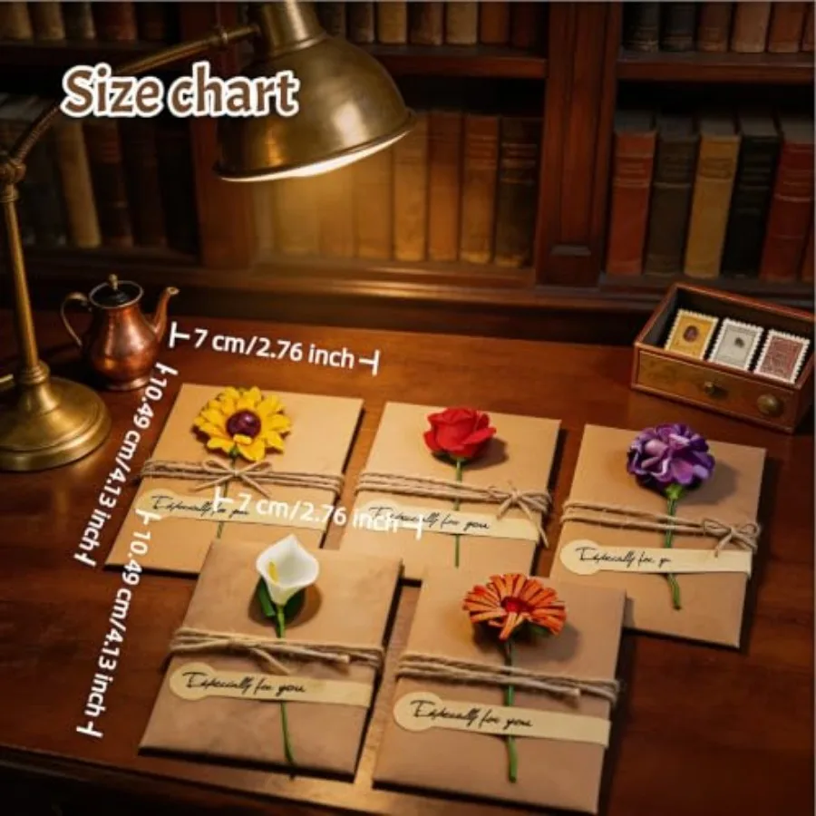 Handmade Vintage Kraft Paper Greeting Cards Set of 5, Rose, Calla, Carnation, Sunflower, daisy2.76x4.13 inch, with Envelopes, J