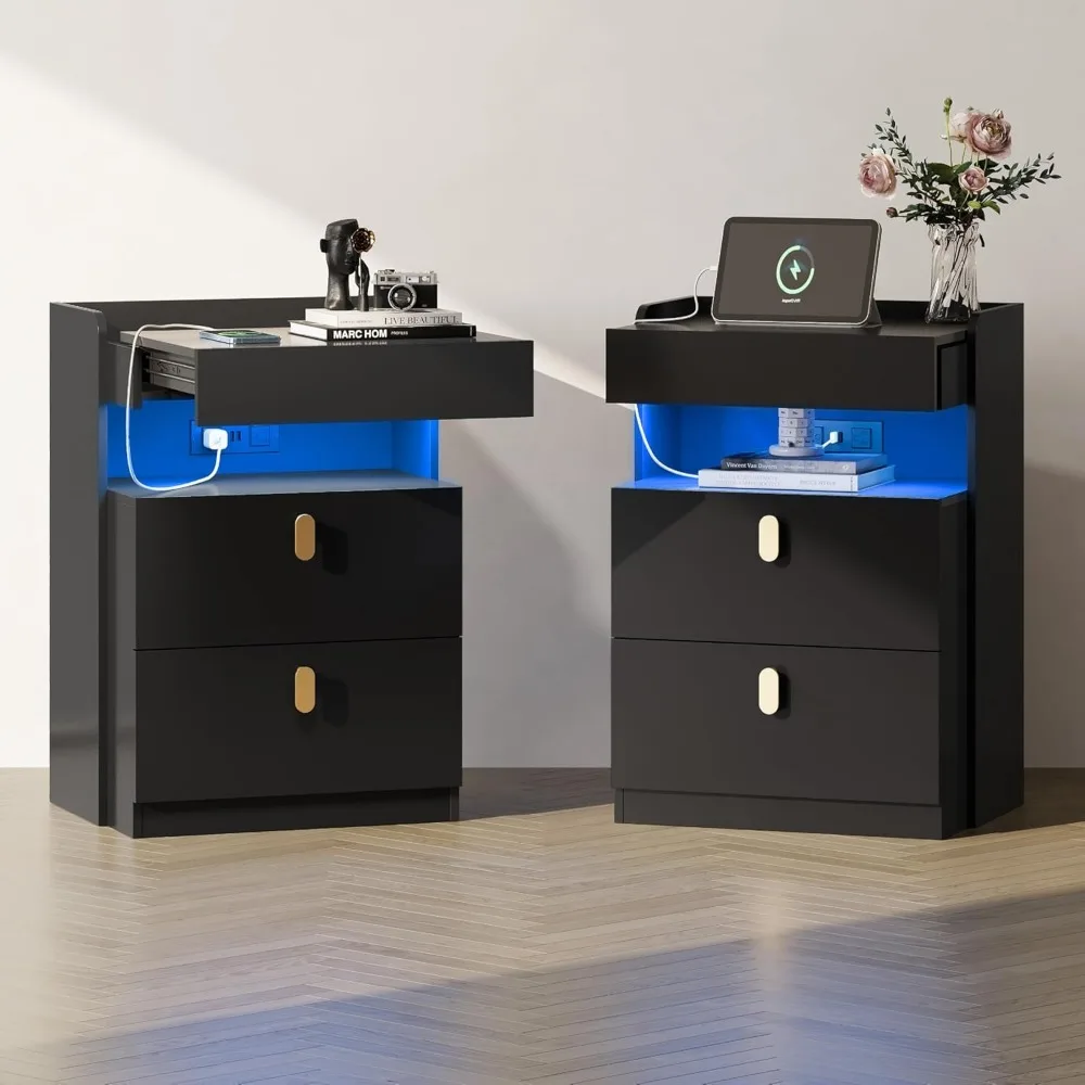 LED ベッドサイドテーブル、2 個セット、充電ステーション付き、スライドトップ付きベッドサイドテーブル、引き出し付きベッドサイドテーブル、コーヒーテーブル
