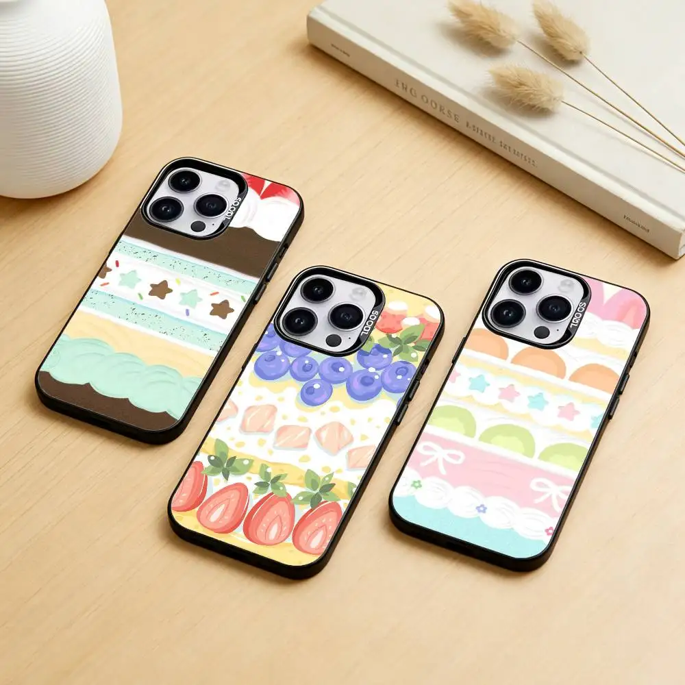 

Cream S-Strawberry Cake Lace Bowknot Phone Case For iPhone 17,16,15,14,13,12,11,Pro Max,Plus Candy Silver Cover