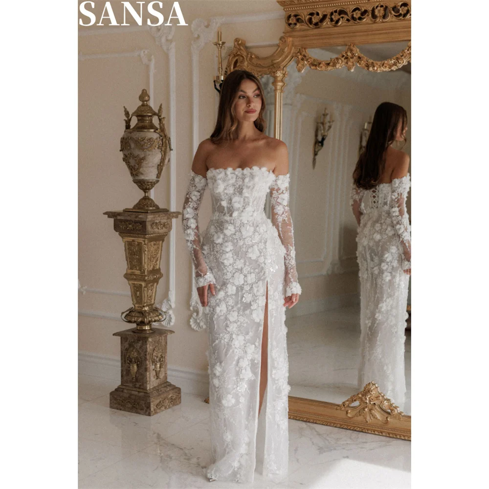 Sansa Formales weißes Spitzen-Abschlussballkleid, maßgeschneidert, bodenlang, schulterfrei, Brautkleider, A-Linie, Stickerei, Vestidos De Fiesta