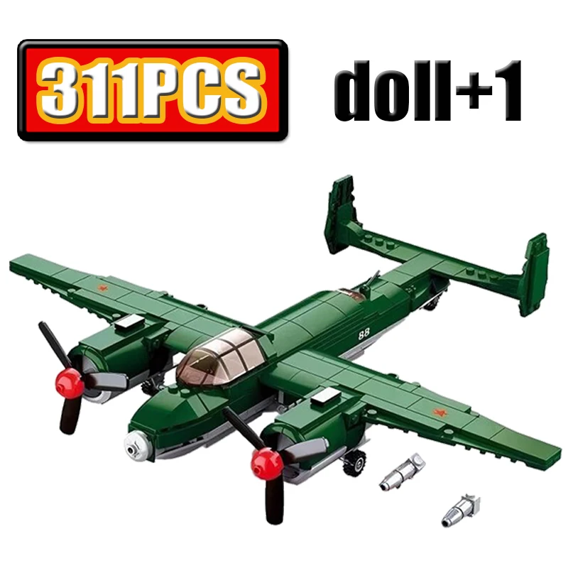311 PCS Military World War II Soviet Union Tu-2 Bomber Fighter Building Blocks Toy Set with Army Boys Dolls Airplane Model Brick