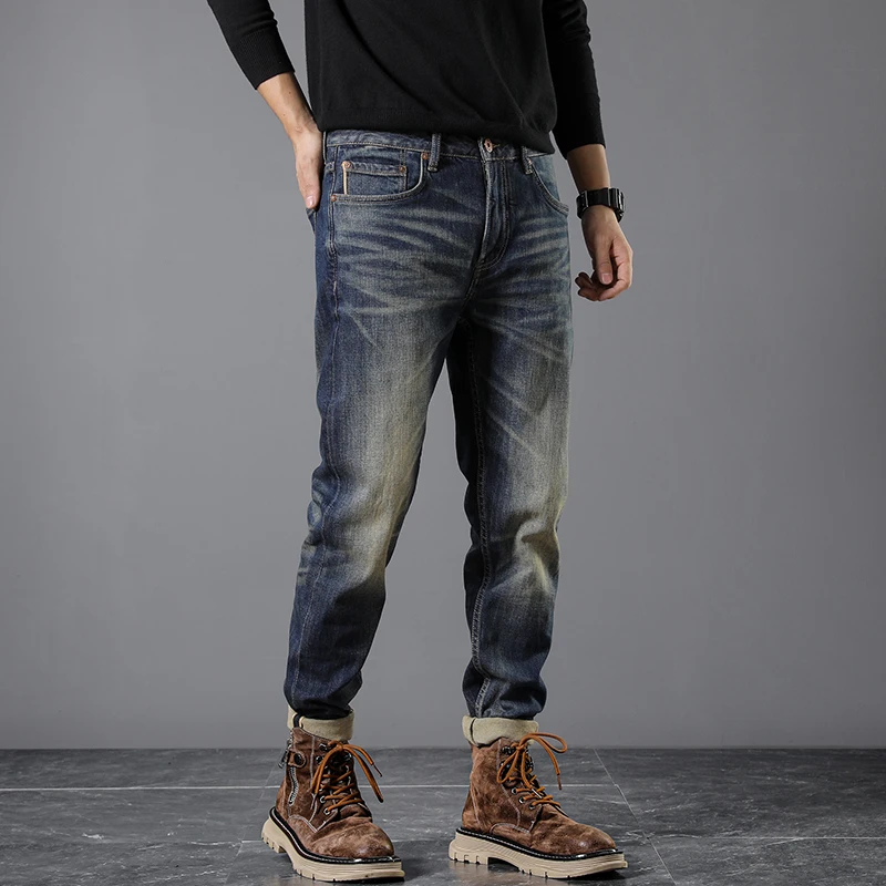 Męskie jeansy ze ściętym denimem, slim fit, prosta nogawka, 99% bawełna, luźny krój w stylu retro, jesień 2025. |   Wszechstronne spodnie w stylu vintage
