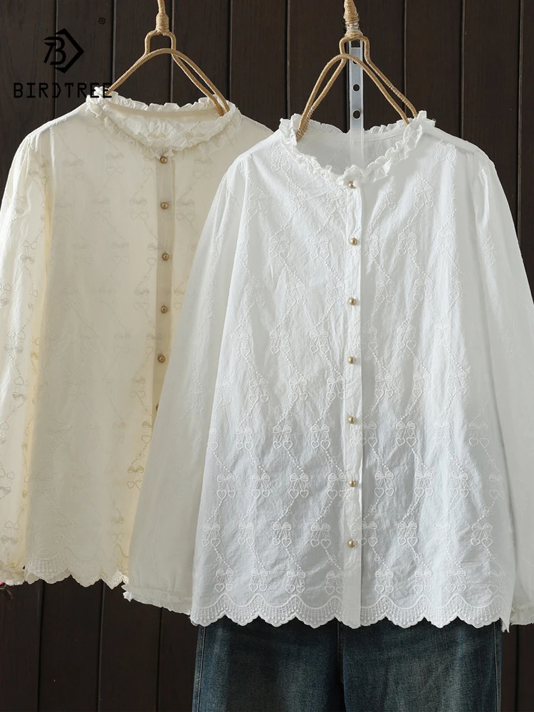 

New 2025 Autumn Cotton Long Sleeve Shirt, Women Ruffled Embroidery, Mori Girl French Age Reduction Casual Loose Blouse T5N157CC