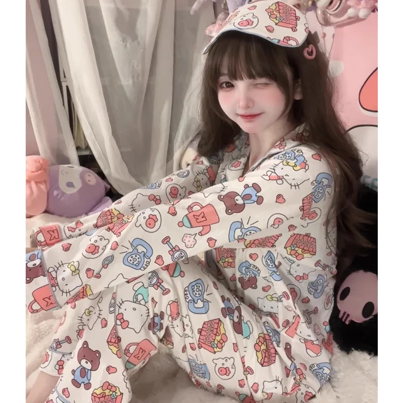 Hot Miniso Female Long Sleeves Pajamas Suit Spring and Autumn Kawaii Hello Kitty Comic Student Fashion Easy Leisure Wear New Kit