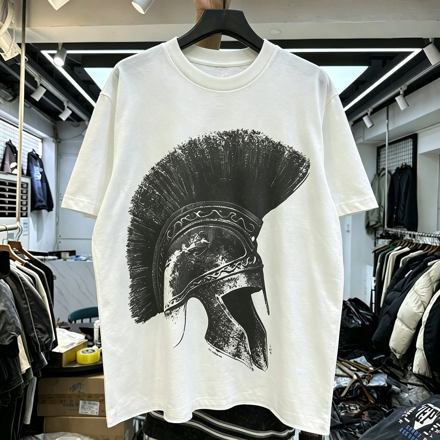 Street Fashion Helmet Letter Print Short Sleeve T-Shirt Vintage Loose Casual round Neck Top for Men And Women Trendy