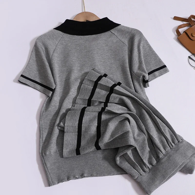 Women Summer Casual Solid Knit Set Contrast Color Polo Collar With Bow Short Sleeve Top+Elastic High Waist Striped Pleated Skirt