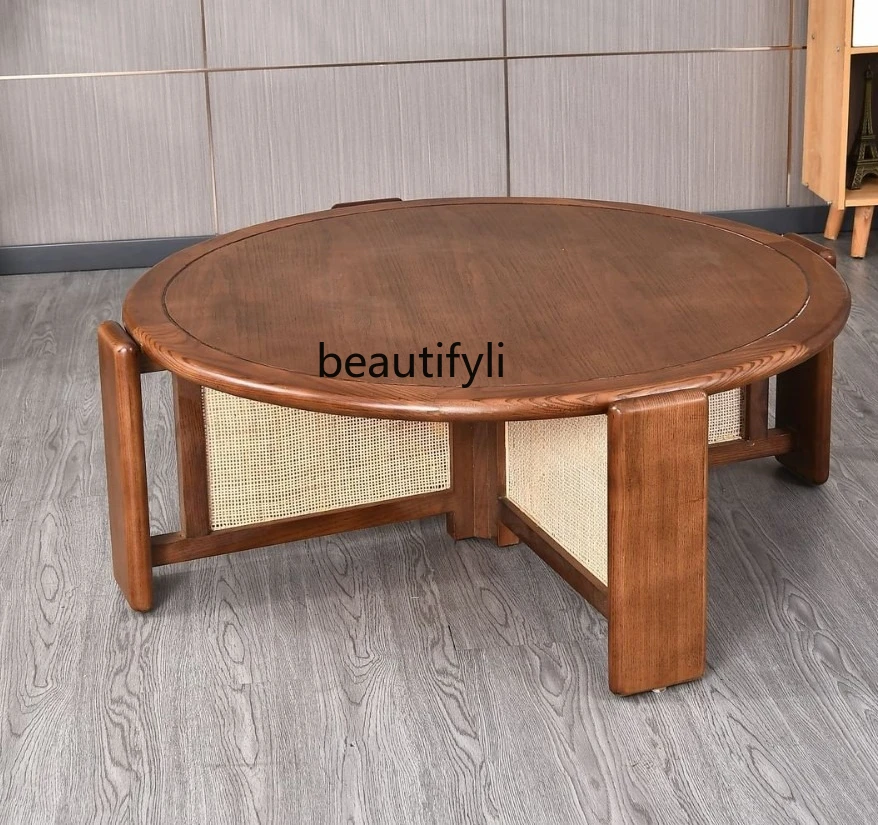 Mesa de centro redonda directa de fábrica, Tatami de estilo japonés, pequeño apartamento, mesa de té de ratán, almacenamiento redondo para casa de familia
