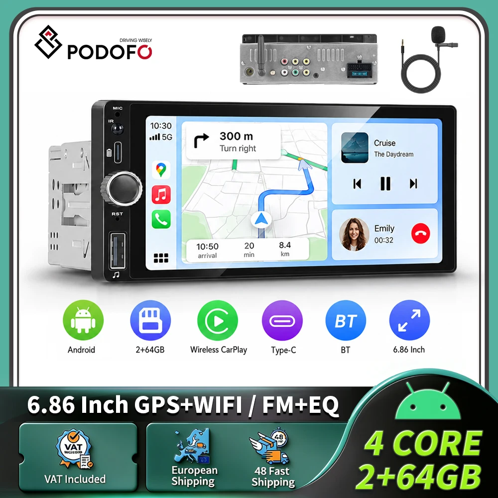 Podofo 1DIN 6,86" Autoradio mit Wireless Carplay, Android Smart Driving System, GPS-Navigation, Multimedia-Player, HD 1080P Touchscreen, FM/RDS, TF/USB Headunit