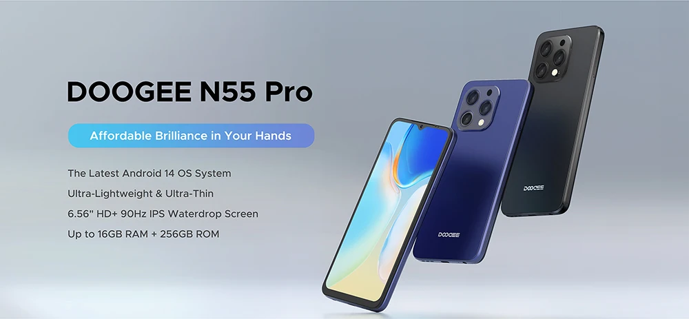 DOOGEE N55 Pro Smartphone, Android 14, 16GB (6+10 RAM) + 256GB ROM, 6.56" HD+ 90Hz Display, 13MP Camera,3.5mm Earphone Jack