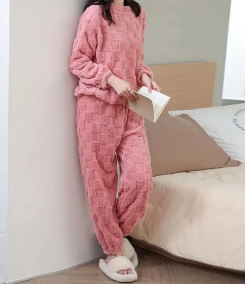 Women\'s Pajamas Set Winter Sleepwear O-neck Loose Long Sleeve Top Elastic Waist Leg Pant Sets Trousers Plus Size Matching Sets