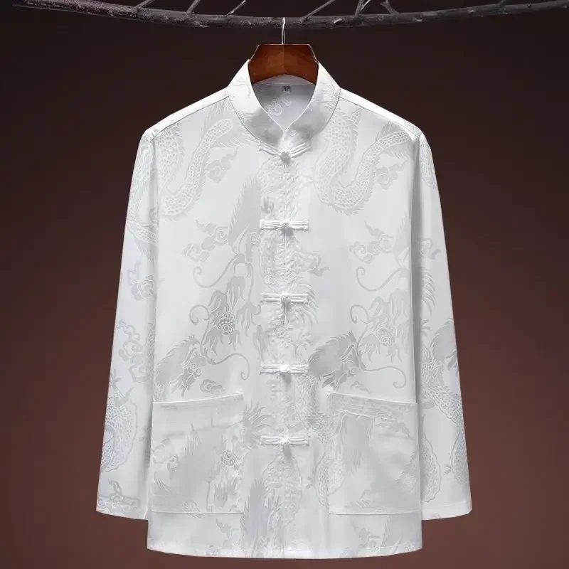 Chinese Dragon Pattern Retro Tang Suit Kung Fu Tai Chi Clothes Men's Hanfu Fu Cheongsam with Pocket Shirt Bottoming Shirt